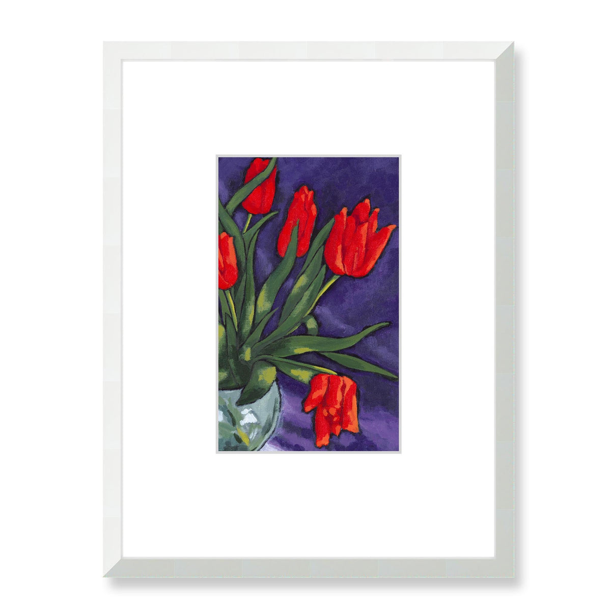 Red Tulips Framed Fine Art Print with Faux Mat Board | 45 x 60 cm / 18 x 24 inches | White Frame