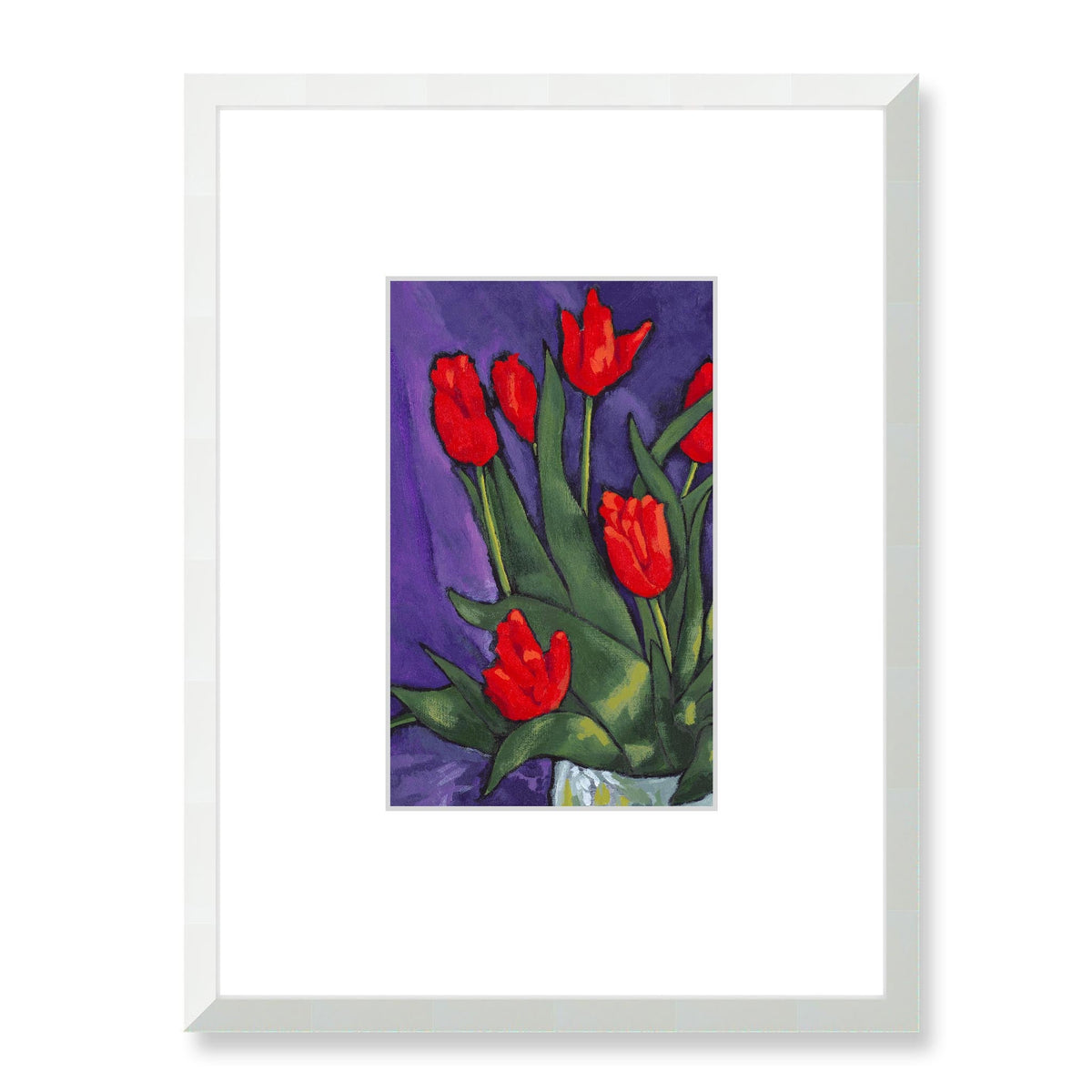 Red Tulips Framed Fine Art Print with Faux Mat Board | 45 x 60 cm / 18 x 24 inches | White Frame
