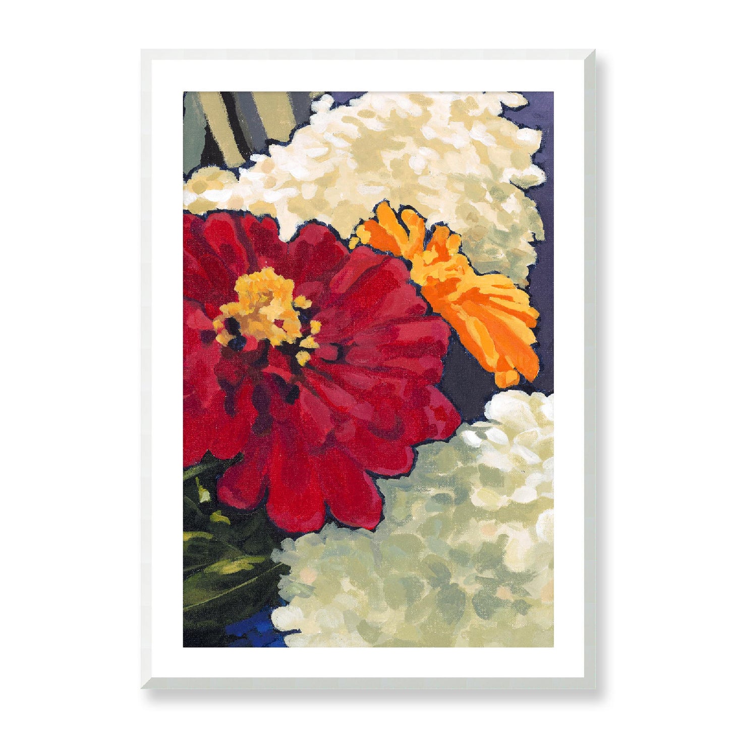 Framed Fine Art Print, White Mat - 12x16 16x22 20x28 24x36 28x40 inches | Hydrangeas & Zinnias in Acrylic, FPV-1030-002, Prints, Fine art, White Frame, 71 x 102 cm ,28 x 40 inches