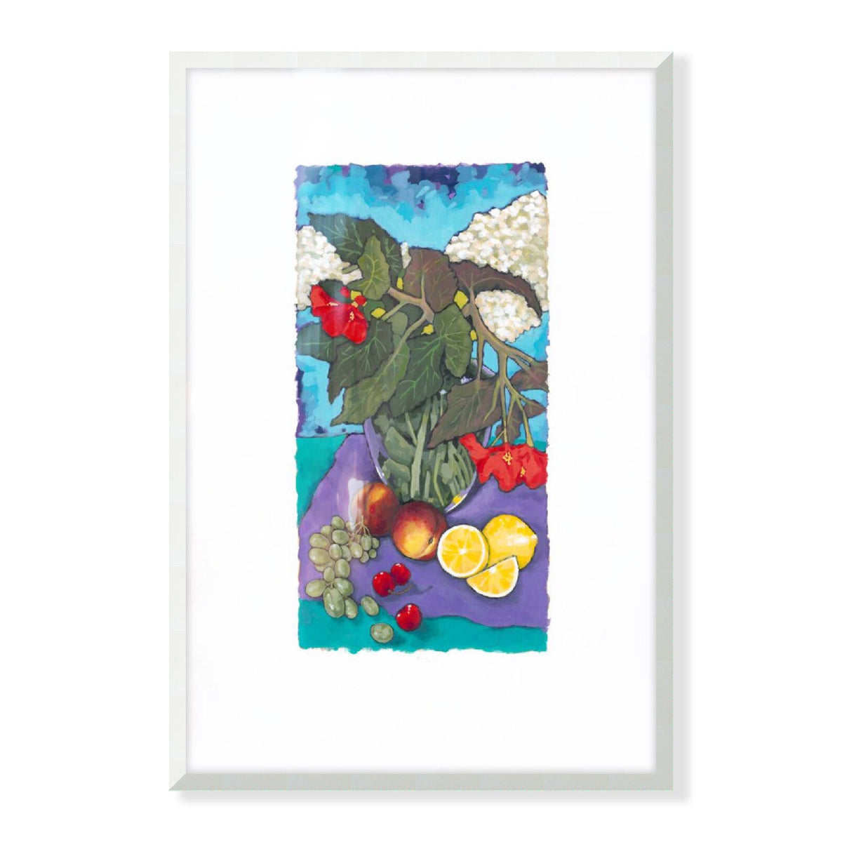 Fruit & Florals Framed Fine Art Print with Faux Deckled Edge | 61 x 91 cm / 24 x 36 inches | White Frame