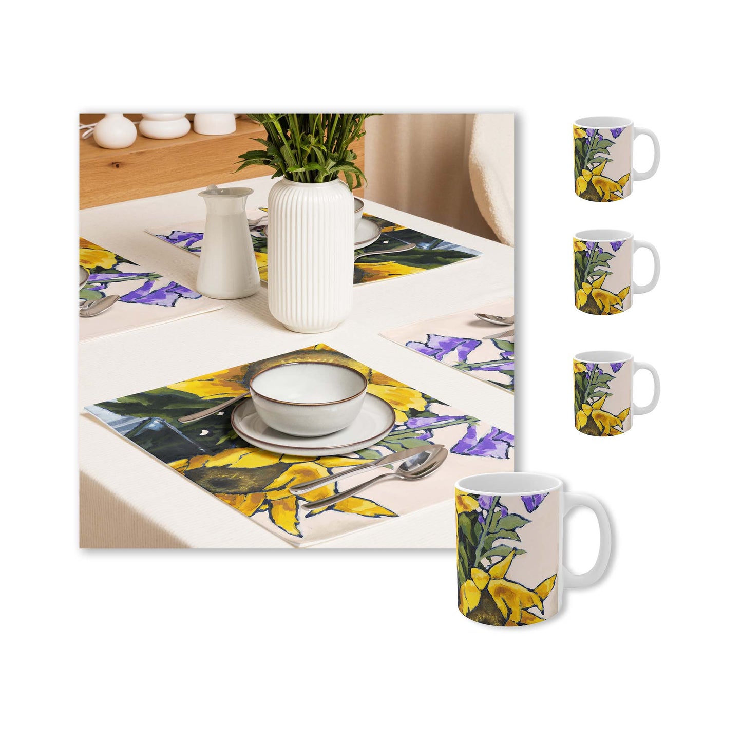 Sunflower Ceramic Mug & Polyester Placemat 8-Pc Bundle (Service for 4) | CABF-CM-1040