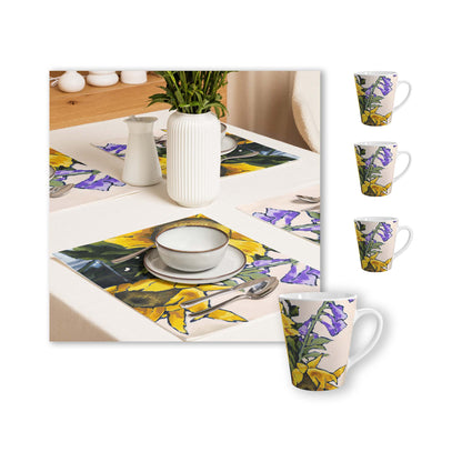 Sunflower Ceramic Mug & Polyester Placemat 8-Pc Bundle (Service for 4) | CABF-LM-1040