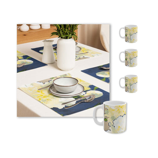 Yellow & Blue Floral Ceramic Mug & Polyester Placemat 8-Pc Bundle (Service for 4) | CABF-CM-1050