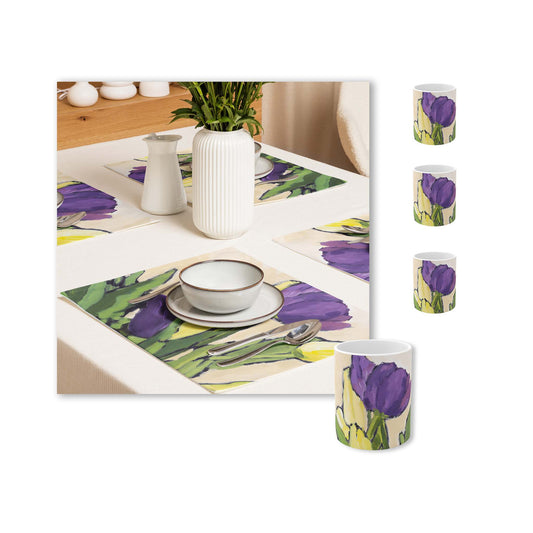 Purple & Yellow Tulips Ceramic Mug & Polyester Placemat 8-Pc Bundle (Service for 4) | CABF-CM-1060