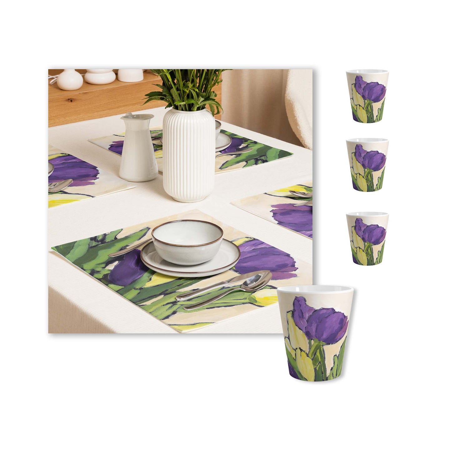 Purple & Yellow Tulips Ceramic Mug & Polyester Placemat 8-Pc Bundle (Service for 4) | CABF-LM-1060