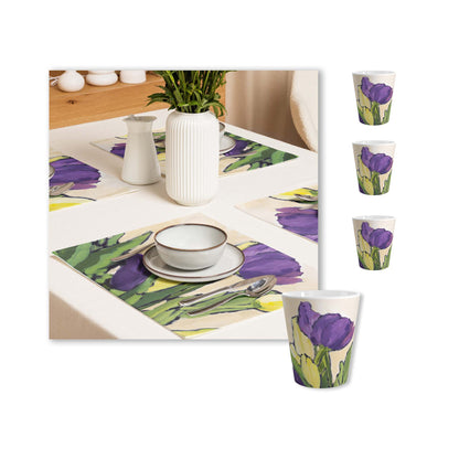Purple & Yellow Tulips Ceramic Mug & Polyester Placemat 8-Pc Bundle (Service for 4) | CABF-LM-1060