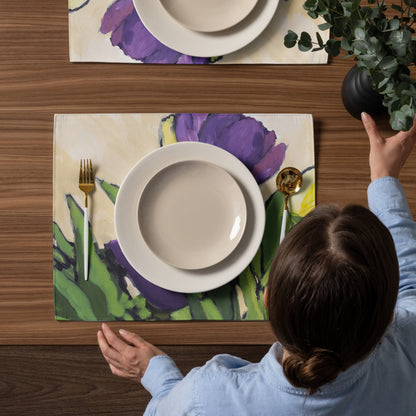 Purple & Yellow Tulips Ceramic Mug & Polyester Placemat 8-Pc Bundle (Service for 4) | CABF-LM-1060