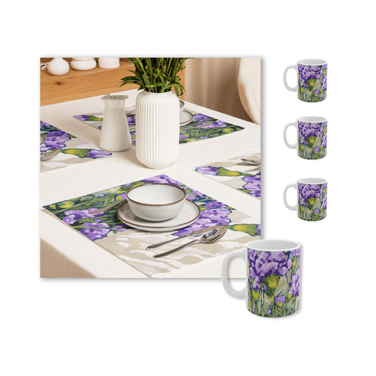 Mauve Carnations Ceramic Mug & Polyester Placemat 8-Pc Bundle (Service for 4) | CABF-CM-1070