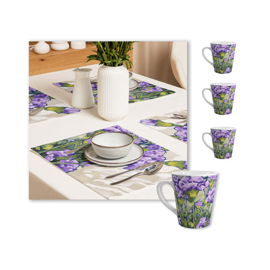 Mauve Carnations Ceramic Mug & Polyester Placemat 8-Pc Bundle (Service for 4) | CABF-LM-1070