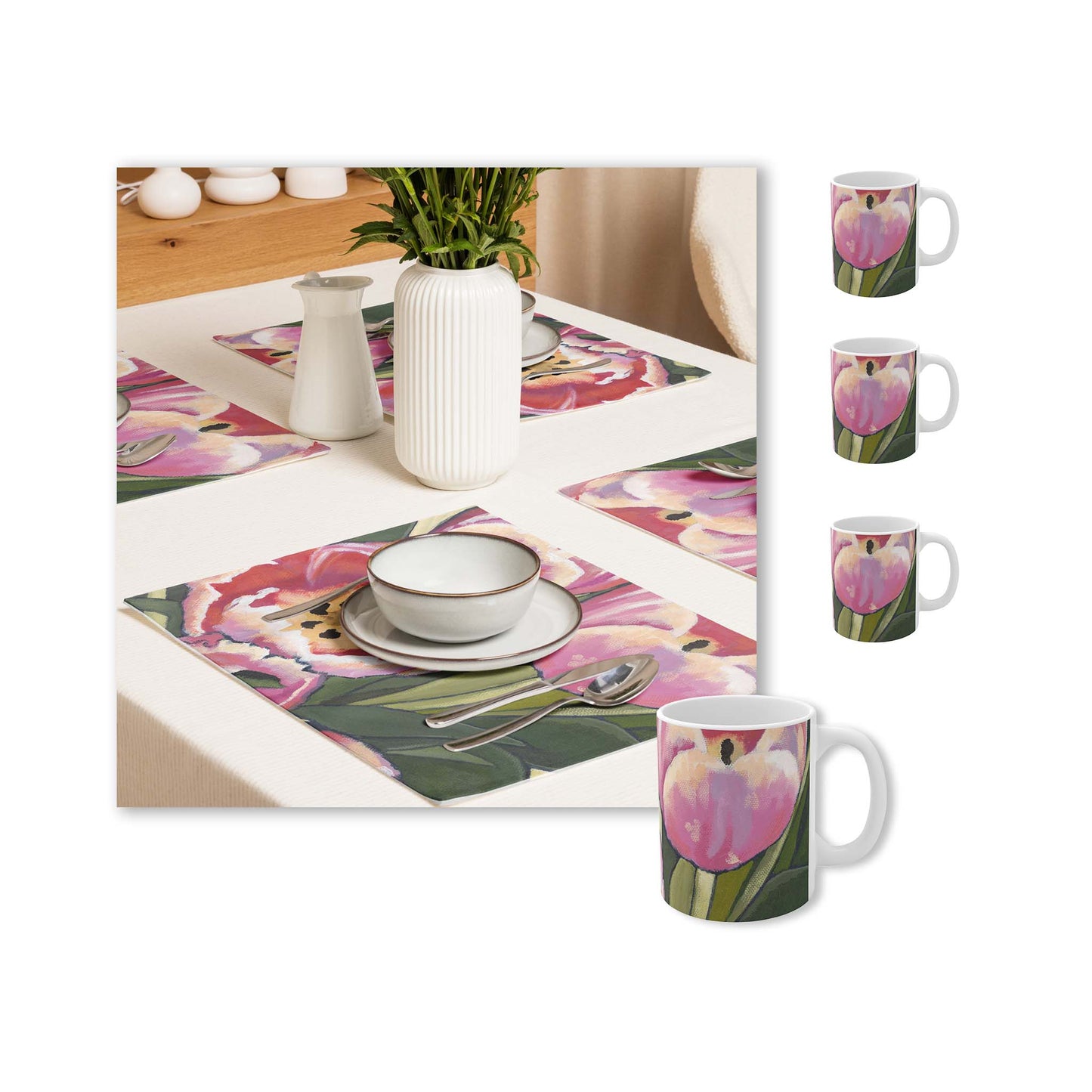 Pink Tulips Ceramic Mug & Polyester Placemat 8-Pc Bundle (Service for 4) | CABF-CM-1080