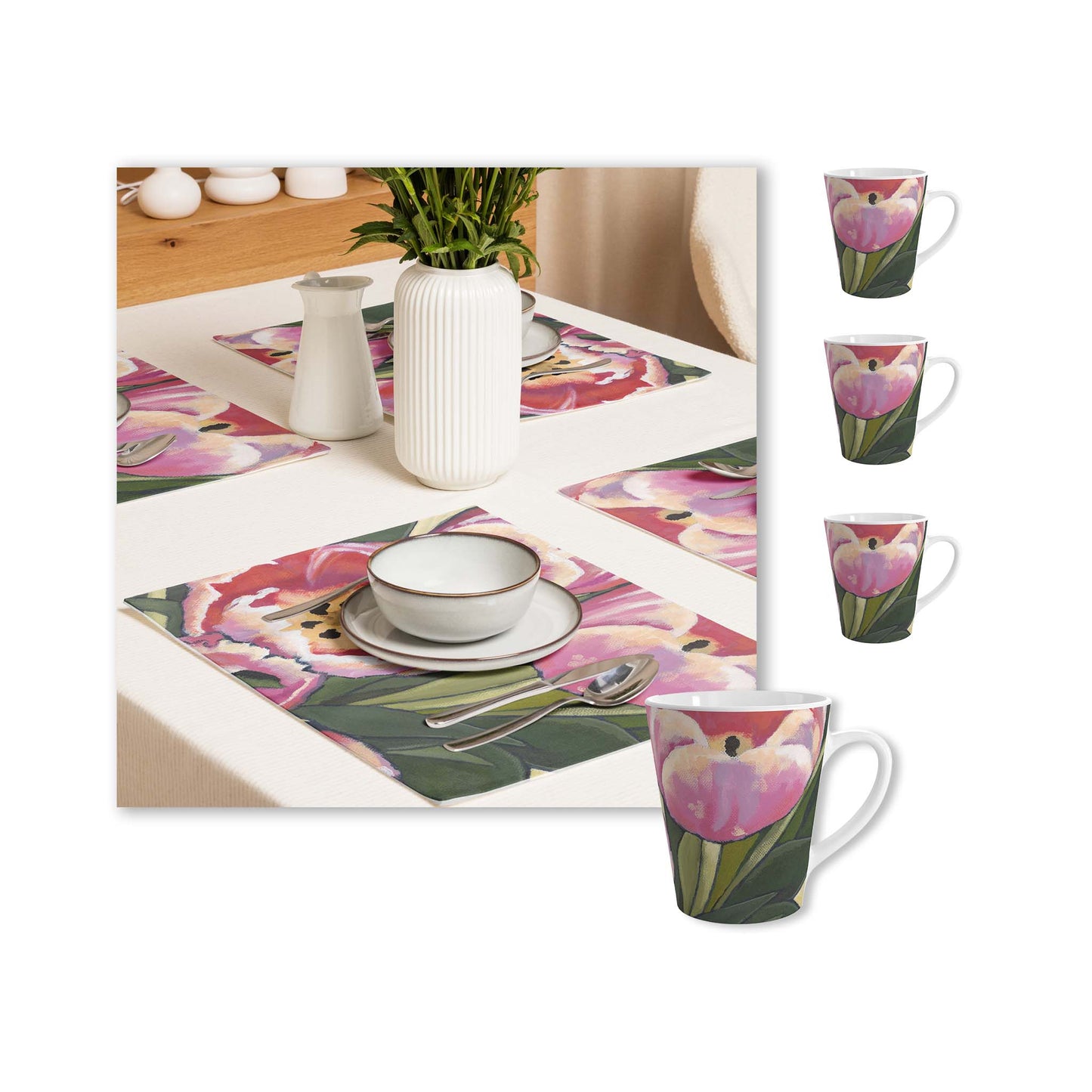 Pink Tulips Ceramic Mug & Polyester Placemat 8-Pc Bundle (Service for 4) | CABF-LM-1080