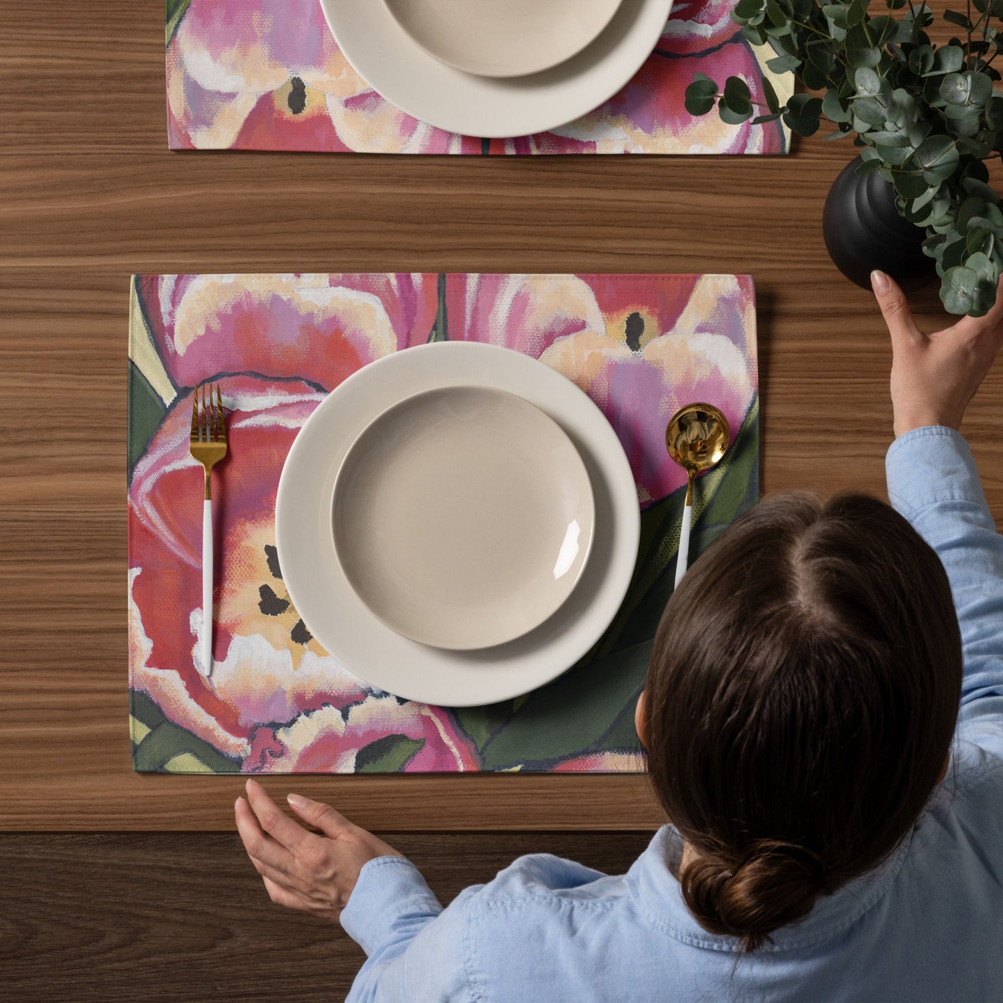 Pink Tulips Ceramic Mug & Polyester Placemat 8-Pc Bundle (Service for 4) | CABF-CM-1080