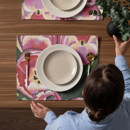 Pink Tulips Ceramic Mug & Polyester Placemat 8-Pc Bundle (Service for 4) | CABF-CM-1080