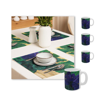 Purple Floral Ceramic Mug & Polyester Placemat 8-Pc Bundle (Service for 4) | CABF-CM-1090