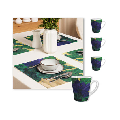 Purple Floral Ceramic Mug & Polyester Placemat 8-Pc Bundle (Service for 4) | CABF-LM-1090