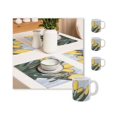 Yellow Tulips Ceramic Mug & Polyester Placemat 8-Pc Bundle (Service for 4) | CABF-CM-1120