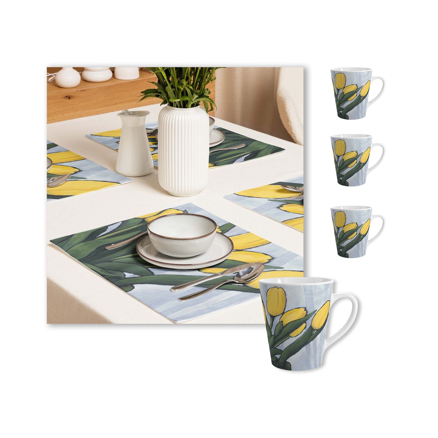 Yellow Tulips Ceramic Mug & Polyester Placemat 8-Pc Bundle (Service for 4) | CABF-LM-1120