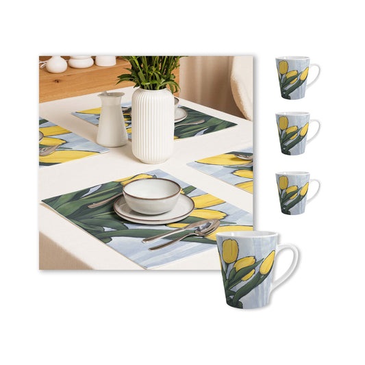 Yellow Tulips Ceramic Mug & Polyester Placemat 8-Pc Bundle (Service for 4) | CABF-LM-1120