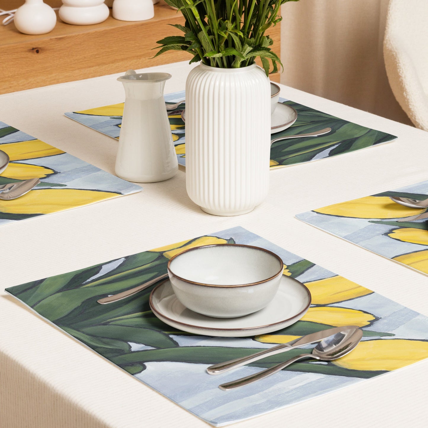 Yellow Tulips Ceramic Mug & Polyester Placemat 8-Pc Bundle (Service for 4) | CABF-LM-1120