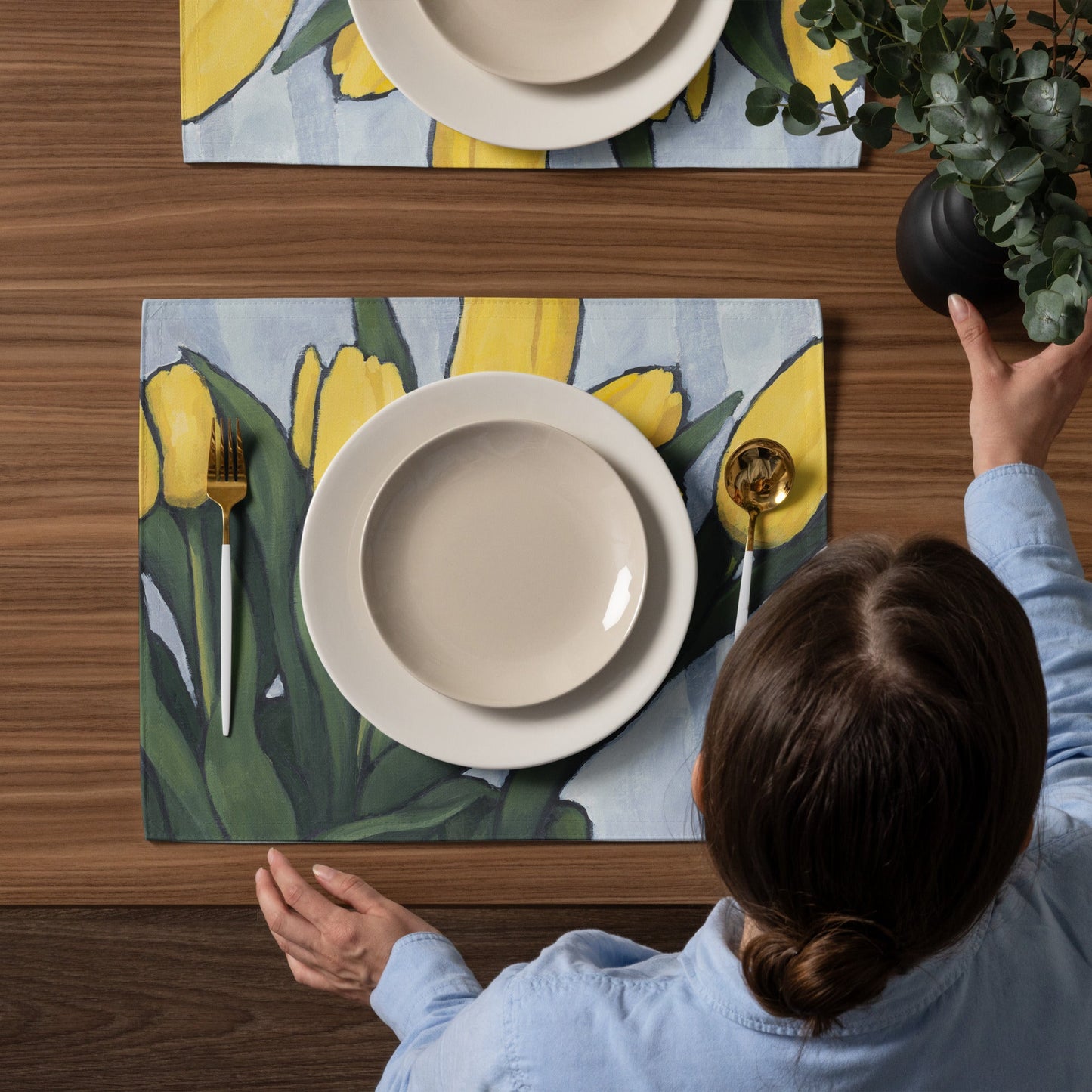 Yellow Tulips Ceramic Mug & Polyester Placemat 8-Pc Bundle (Service for 4) | CABF-CM-1120