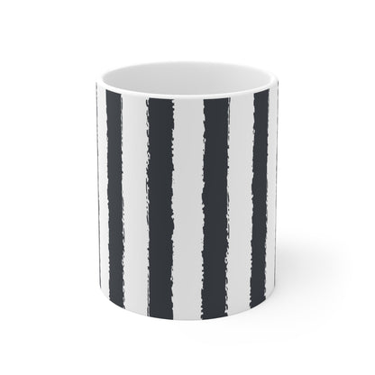 White Ceramic Mug with Classic Vertical Brush Stroke Print in Dark Grey #CACM-1201-251