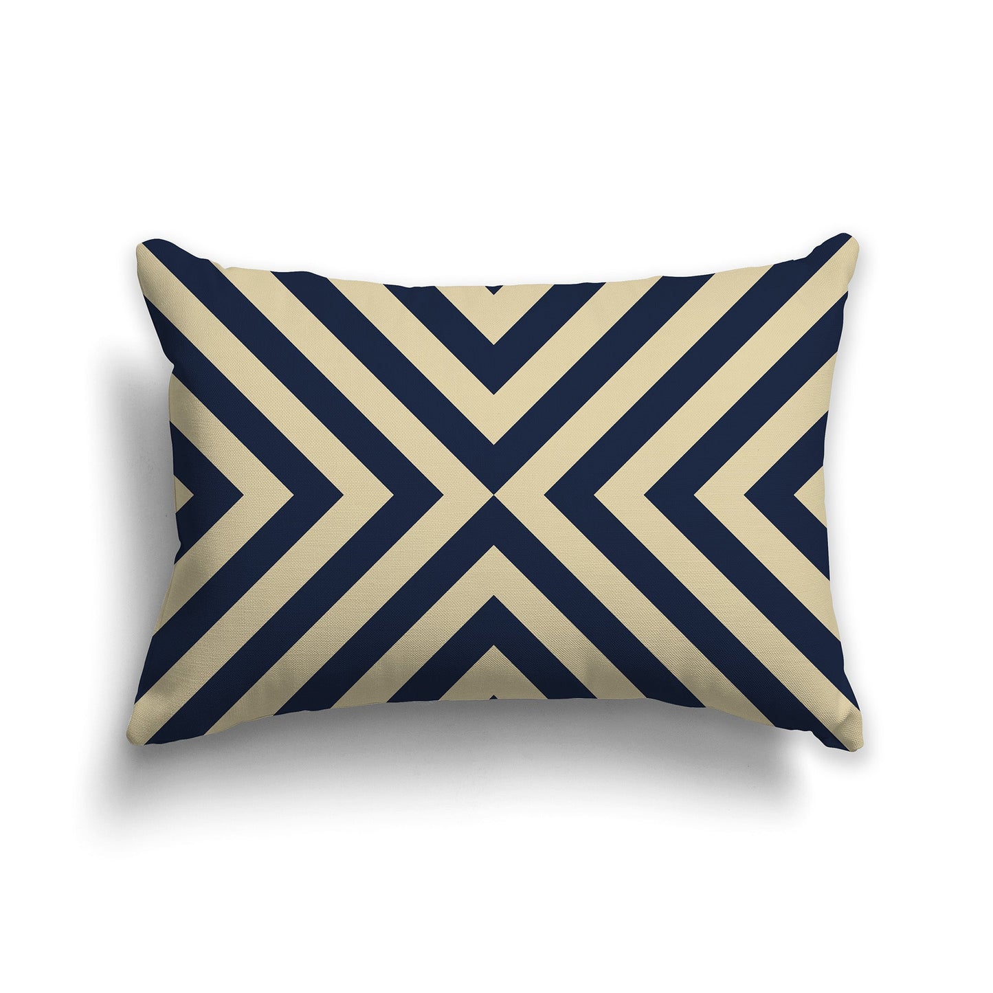 Throw Pillow with Radiating Navy Blue and Tan Diagonal Bars on Both Sides, CAPC-1274-041
