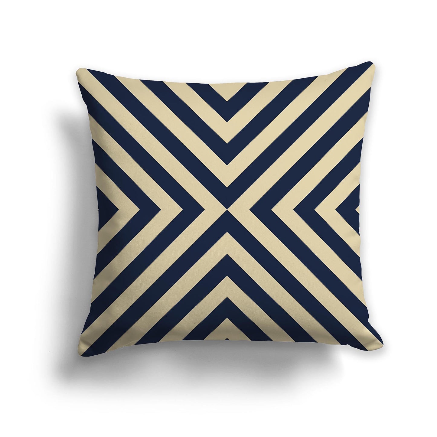 Throw Pillow with Radiating Navy Blue and Tan Diagonal Bars on Both Sides, CAPC-1274-041