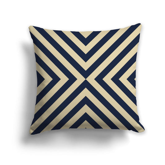 Throw Pillow with Radiating Navy Blue and Tan Diagonal Bars on Both Sides, CAPC-1274-041