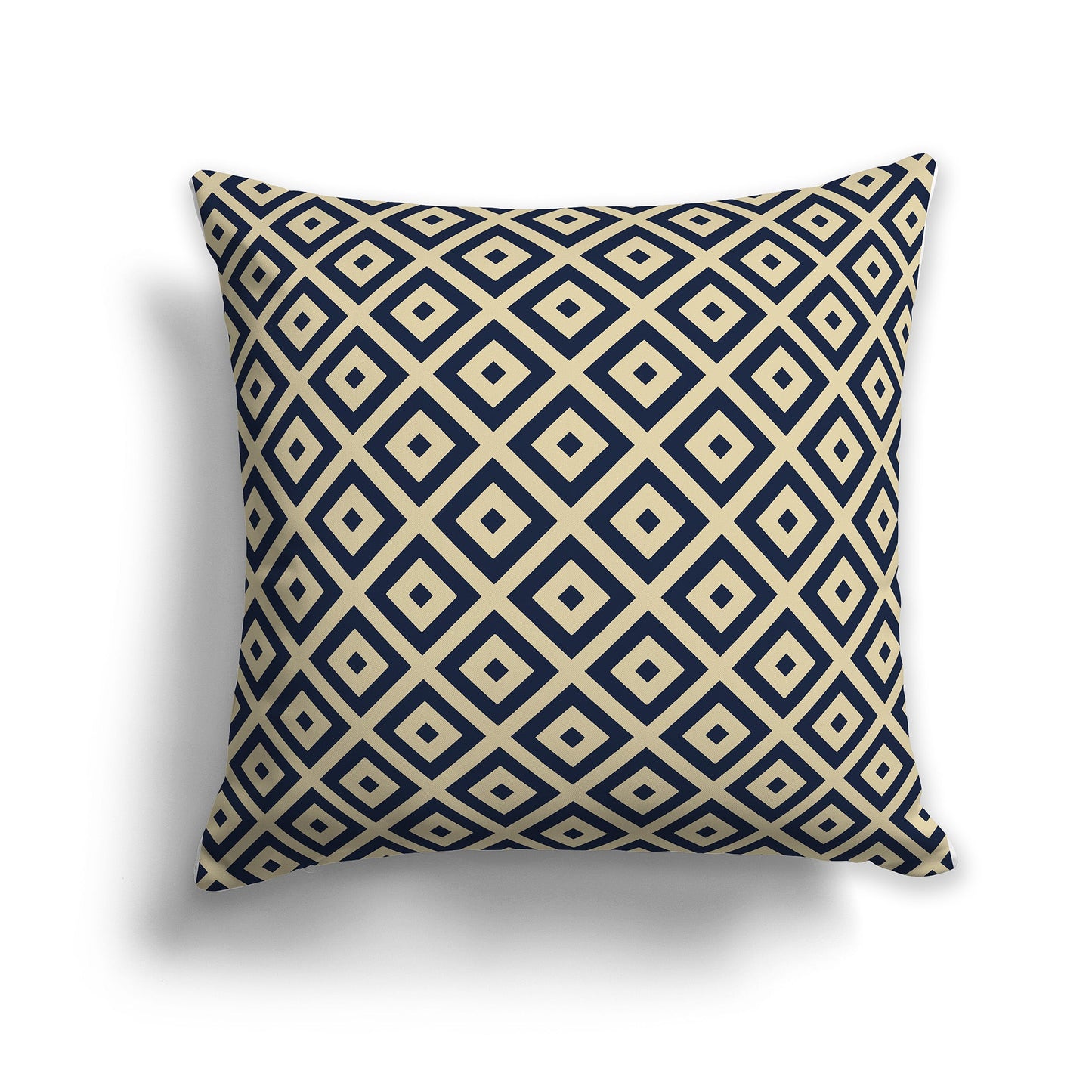 Throw Pillow with Radiating Navy Blue and Tan Squares on Both Sides, CAPC-1274-121