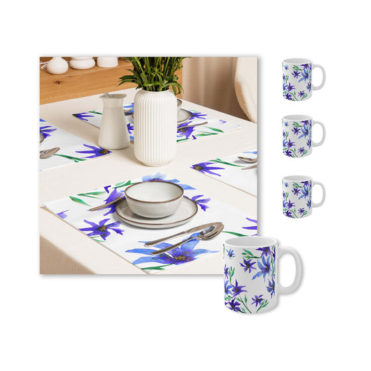 Purple Floral Ceramic Mug & Polyester Placemat 8-Pc Bundle (Service for 4) | CABF-CM-1304