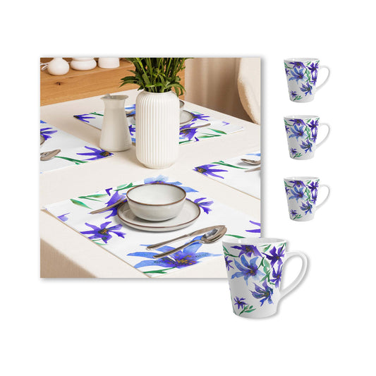 Purple Floral Ceramic Mug & Polyester Placemat 8-Pc Bundle (Service for 4) | CABF-LM-1304