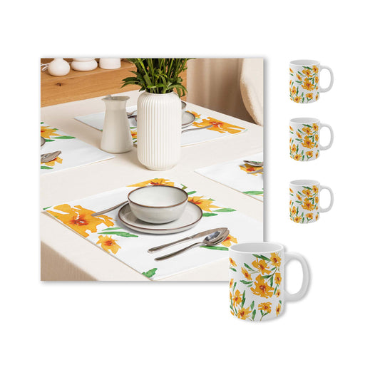 Yellow Orange Floral Ceramic Mug & Polyester Placemat 8-Pc Bundle (Service for 4) | CABF-CM-1314
