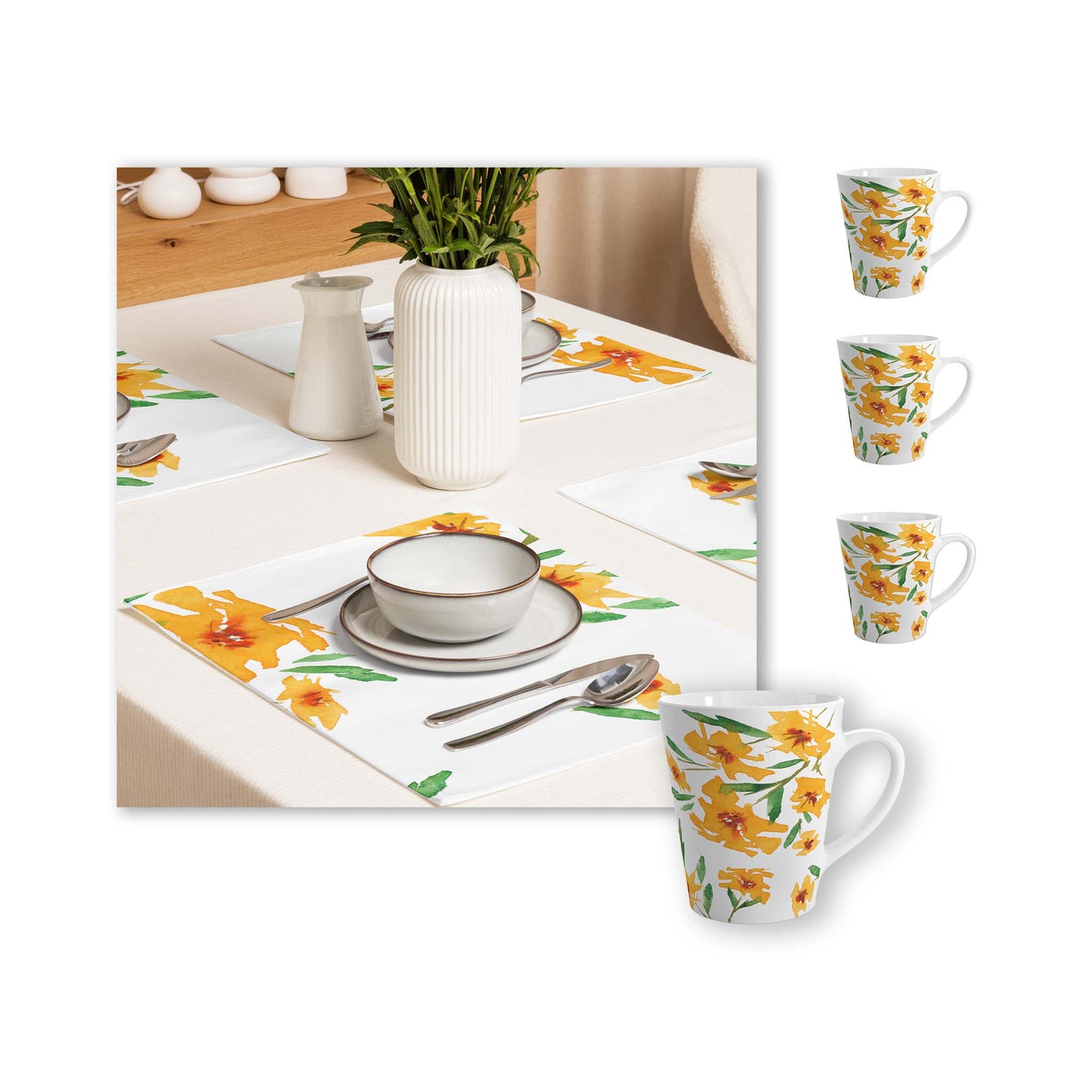 Yellow Orange Floral Ceramic Mug & Polyester Placemat 8-Pc Bundle (Service for 4) | CABF-LM-1314