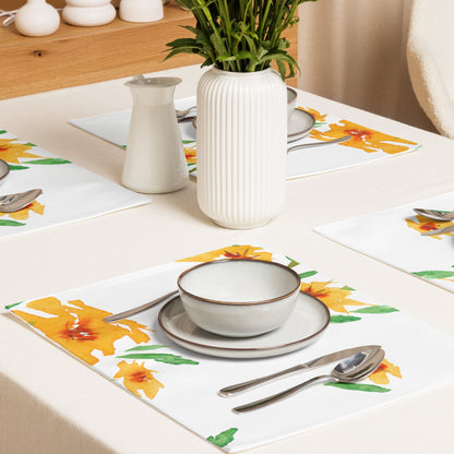 Yellow Orange Floral Ceramic Mug & Polyester Placemat 8-Pc Bundle (Service for 4) | CABF-LM-1314
