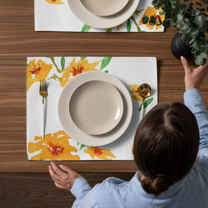 Yellow Orange Floral Ceramic Mug & Polyester Placemat 8-Pc Bundle (Service for 4) | CABF-CM-1314