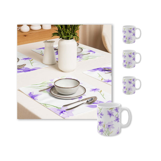 Purple Floral Ceramic Mug & Polyester Placemat 8-Pc Bundle (Service for 4) | CABF-CM-1324