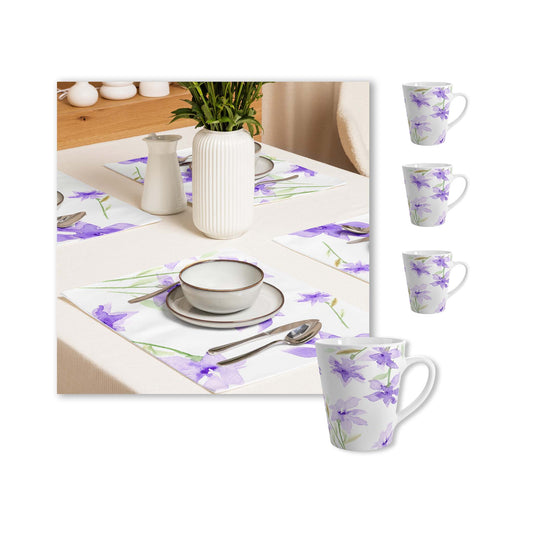 Purple Floral Ceramic Mug & Polyester Placemat 8-Pc Bundle (Service for 4) | CABF-LM-1324
