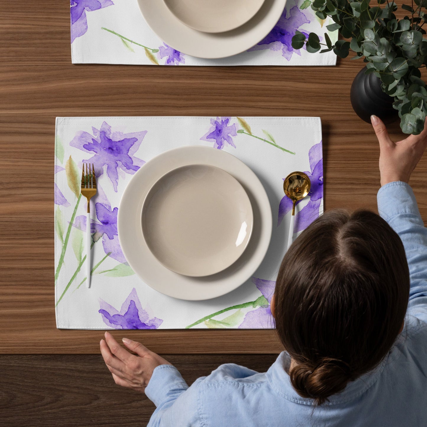 Purple Floral Ceramic Mug & Polyester Placemat 8-Pc Bundle (Service for 4) | CABF-LM-1324