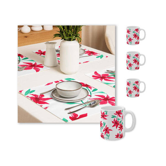 Red Floral Ceramic Mug & Polyester Placemat 8-Pc Bundle (Service for 4) | CABF-CM-1334