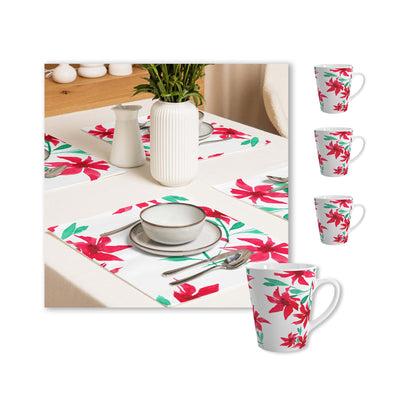 Red Floral Ceramic Mug & Polyester Placemat 8-Pc Bundle (Service for 4) | CABF-LM-1334