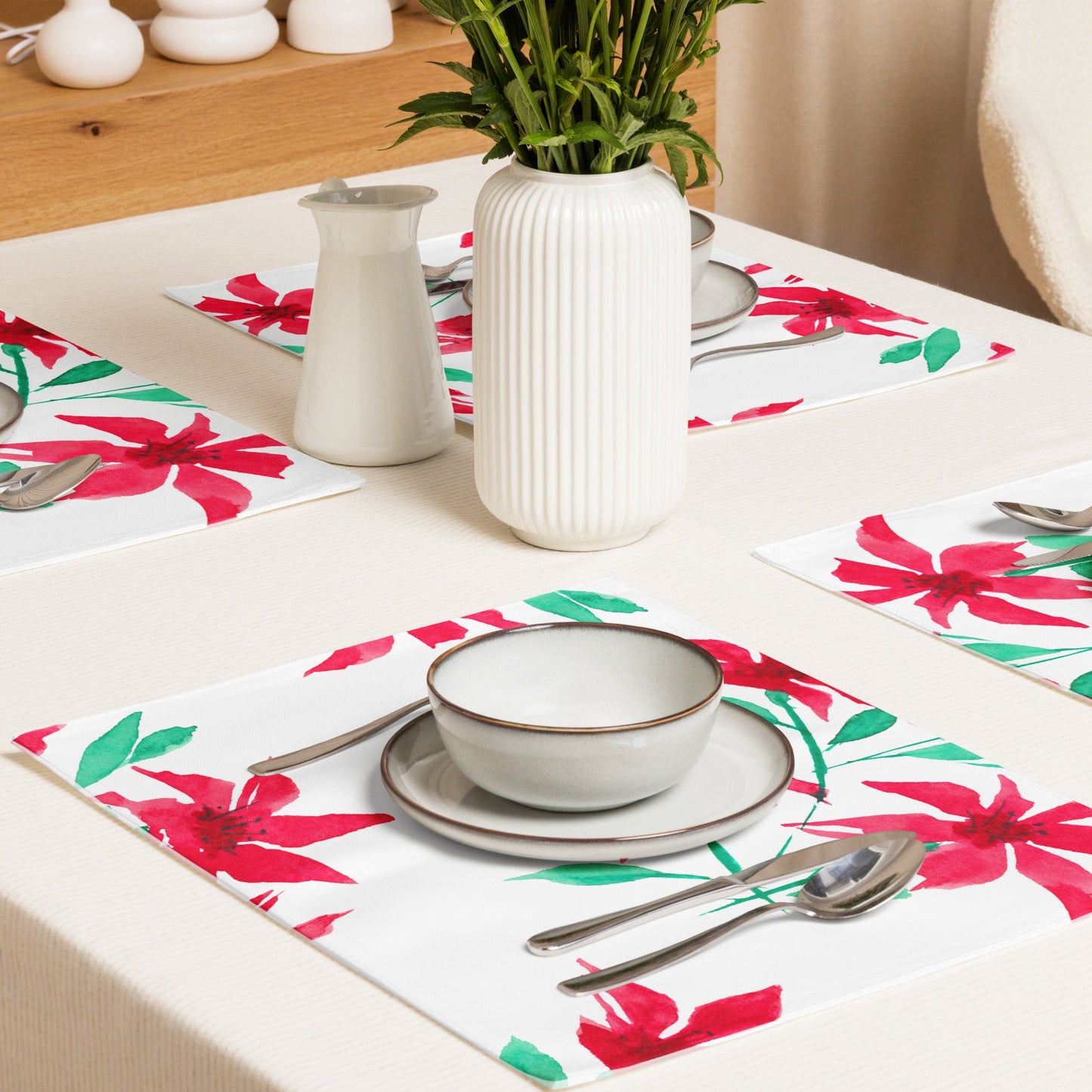 Red Floral Ceramic Mug & Polyester Placemat 8-Pc Bundle (Service for 4) | CABF-CM-1334