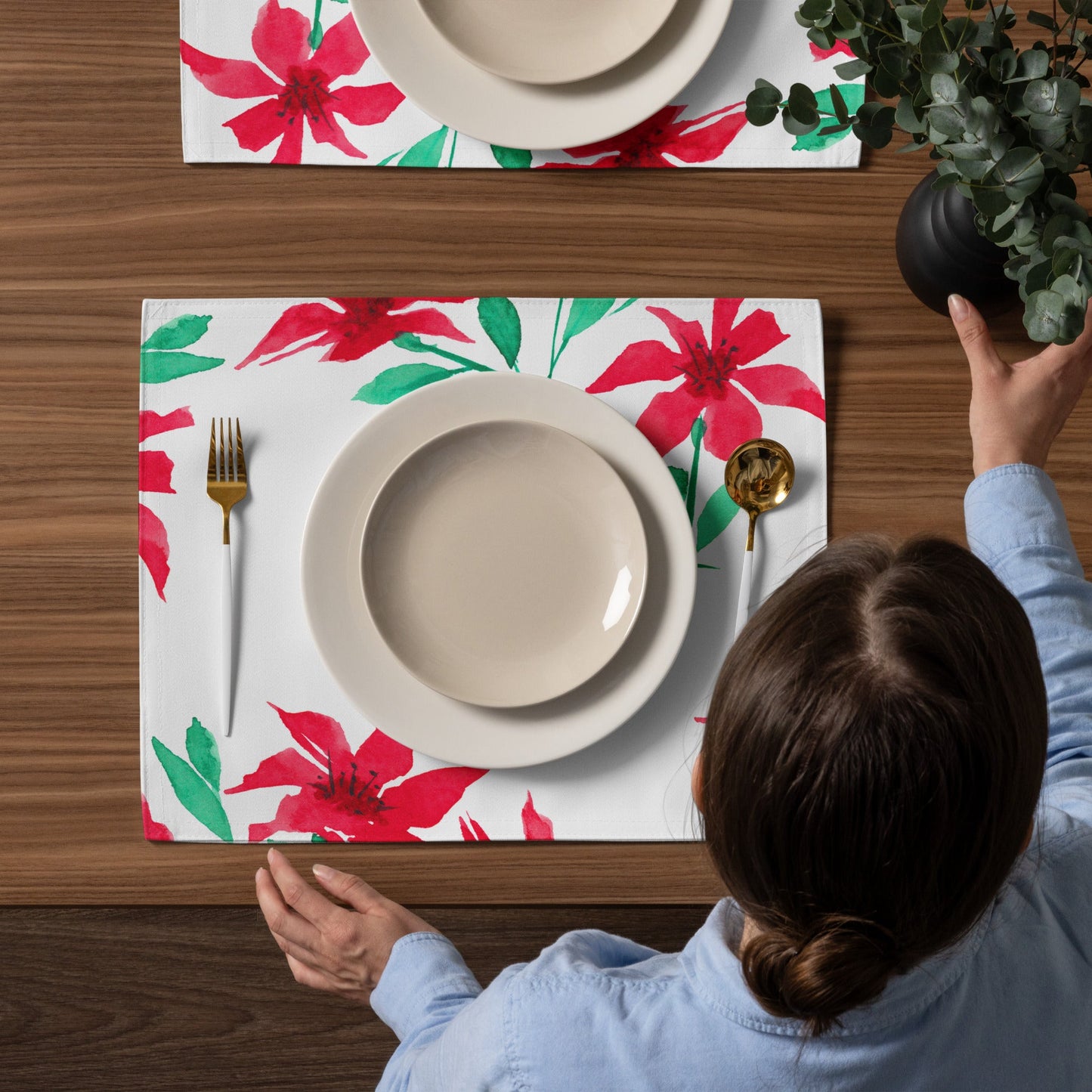 Red Floral Ceramic Mug & Polyester Placemat 8-Pc Bundle (Service for 4) | CABF-CM-1334