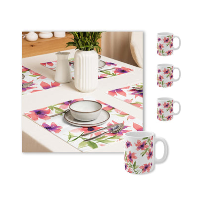 Pink Floral Ceramic Mug & Polyester Placemat 8-Pc Bundle (Service for 4) | CABF-CM-1344