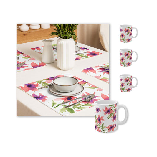 Pink Floral Ceramic Mug & Polyester Placemat 8-Pc Bundle (Service for 4) | CABF-CM-1344