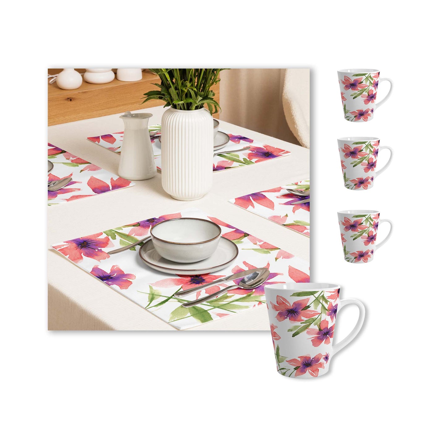 Pink Floral Ceramic Mug & Polyester Placemat 8-Pc Bundle (Service for 4) | CABF-LM-1344