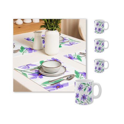 Purple Floral Ceramic Mug & Polyester Placemat 8-Pc Bundle (Service for 4) | CABF-CM-1354