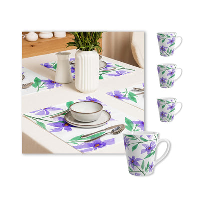 Purple Floral Ceramic Mug & Polyester Placemat 8-Pc Bundle (Service for 4) | CABF-LM-1354