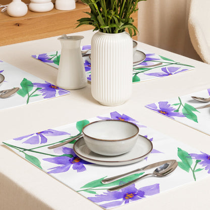 Purple Floral Ceramic Mug & Polyester Placemat 8-Pc Bundle (Service for 4) | CABF-CM-1354