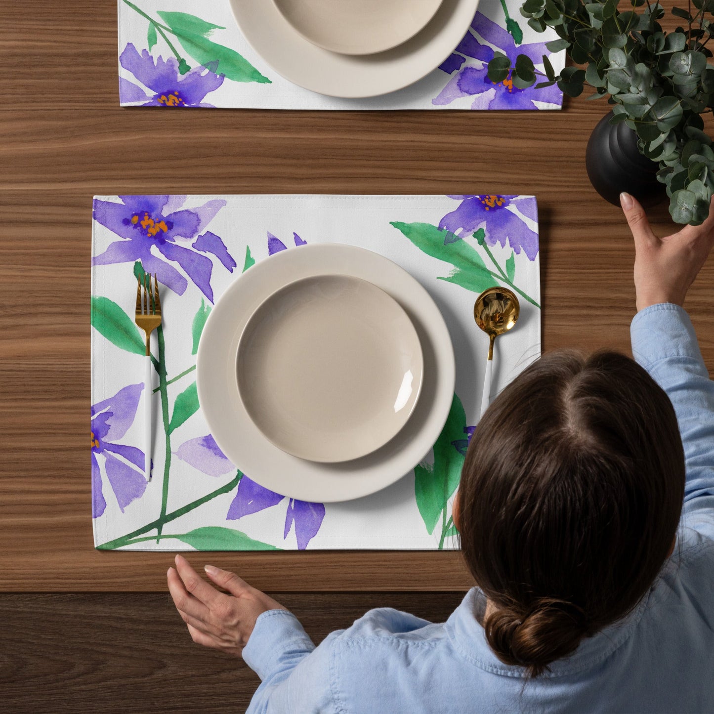 Purple Floral Ceramic Mug & Polyester Placemat 8-Pc Bundle (Service for 4) | CABF-LM-1354