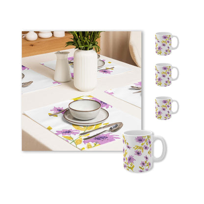Mauve Floral Ceramic Mug & Polyester Placemat 8-Pc Bundle (Service for 4) | CABF-CM-1364